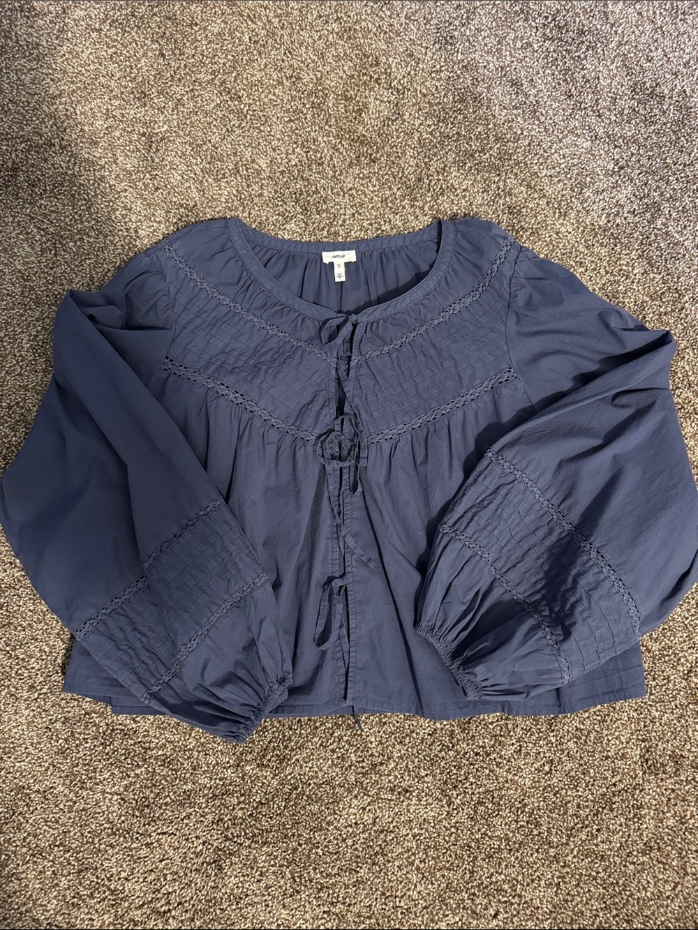 Aerie-Smocked Navy Tie-Front Peasant Blouse
